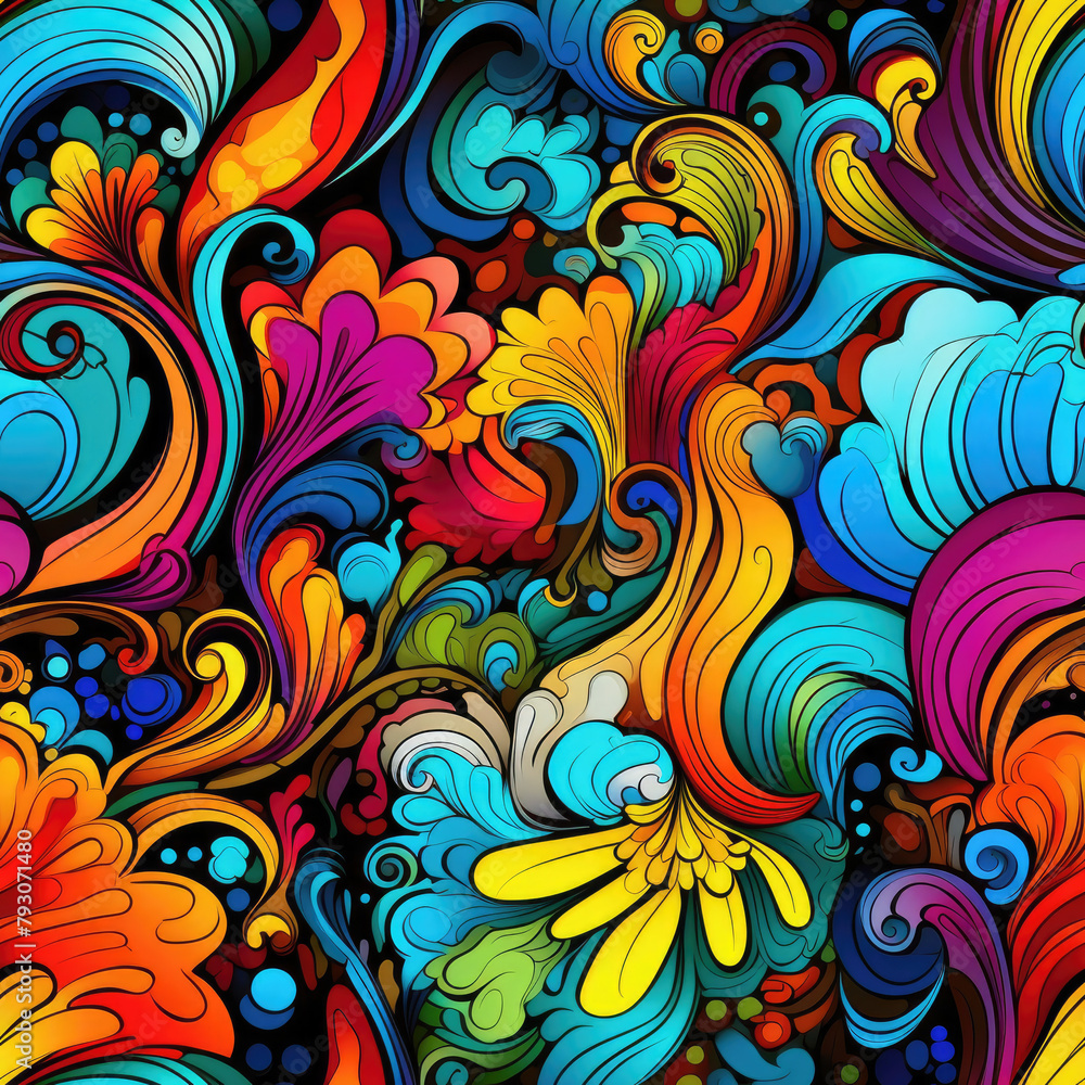 Poster a colorful and intricate floral design with a variety of colors and shapes. the image has a vibrant 