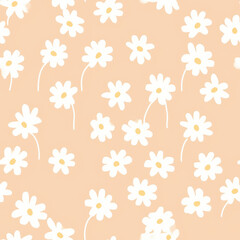 A pattern of white flowers is spread across a light pink background. The flowers are drawn in a whimsical style, with each one having a unique shape and size. Scene is playful and cheerful