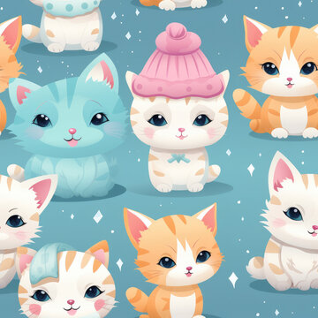 A collection of cute cartoon cats wearing hats and sitting on a blue background. The cats are all smiling and seem to be enjoying their time