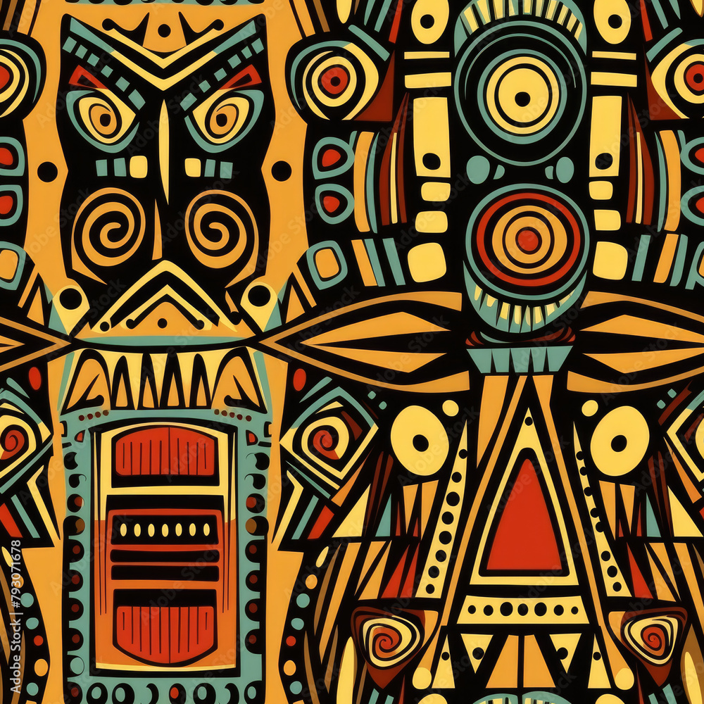 Poster the image is a colorful and intricate design of two faces with a lot of detail. the faces are surrou