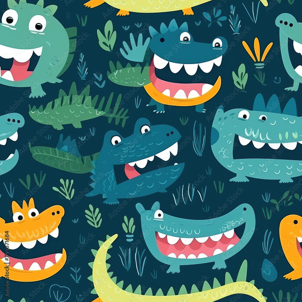 Poster a colorful pattern of cartoon crocodiles with big teeth and smiling faces. the image has a playful a