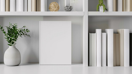 Mock-up of a book with blank white cover placed on a bookshelf with book and plant vase decorations. New modern minimal book in front view.