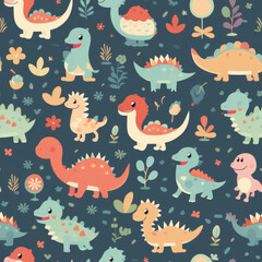 A colorful pattern of various dinosaurs, including a T-Rex, is displayed on a blue background