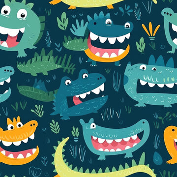 A colorful pattern of cartoon crocodiles with big teeth and smiling faces. The image has a playful and fun mood, likely intended for children