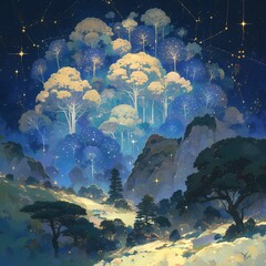 Embark on a mystical journey through an illuminated forest under a star-studded sky. This enchanting illustration captures the essence of otherworldly beauty and tranquility.