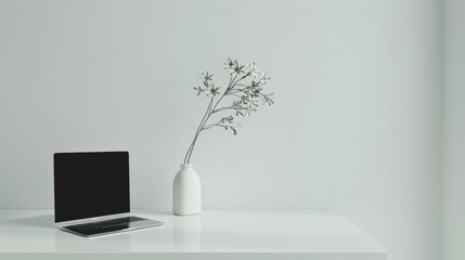 A minimalist workspace with a sleek, unadorned desk, a laptop, and a single vase holding a delicate flower, embodying clarity and focus.