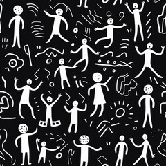 A black and white drawing of people in various poses and activities. The drawing is full of energy and excitement, with people jumping, dancing, and playing with sports equipment