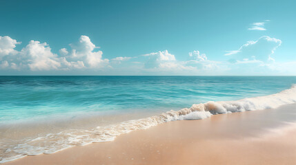 Serene Tropical Beach with Gentle Waves and Fluffy Clouds