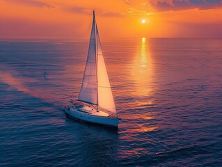A captivating scene featuring a lonely yacht sailing in the Mediterranean Sea against an amazing sunset backdrop.