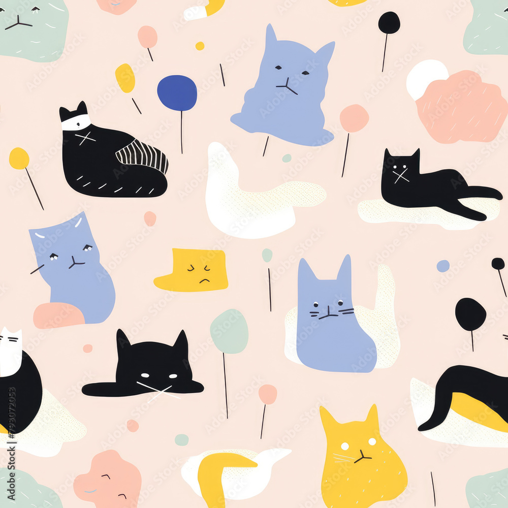 Poster a colorful cat print with many cats of different colors and sizes. the cats are all in various poses