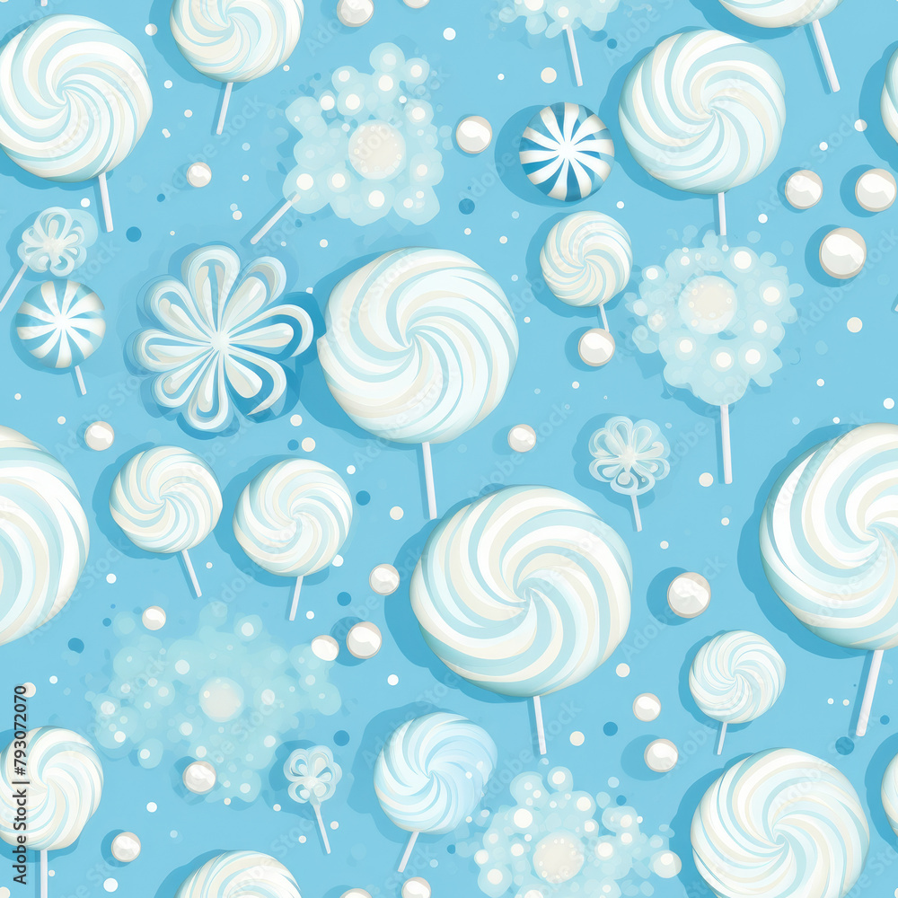 Poster a blue background with many white lollipops scattered around. the lollipops are of different sizes a