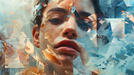 Fashion portrait of beautiful young woman with creative make-up. Double exposure