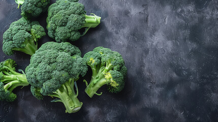A bunch of broccoli, a nutritious leaf vegetable and ingredient, is displayed on a black table. Broccoli is a terrestrial plant and a type of wild cabbage, commonly used in food dishes
