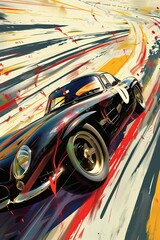 vintage illustration of classic sports car racing on the track, at high speed