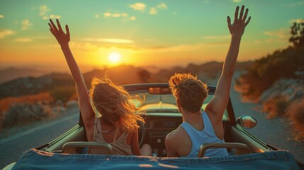 Vacationing couple on a road trip having fun driving a convertible while raising their arms to the sky at sunset