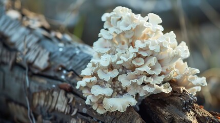 close-up of white mushroom growing on a dead tree