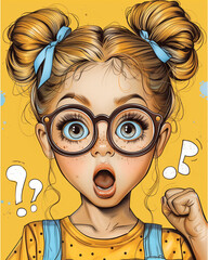 A girl with glasses and a bow in her hair is looking surprised - 793073486