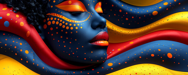 A woman's face is painted with bright colors and dots - 793073492