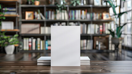 Mock-up of a book with blank white cover placed on an old wooden table with stack books, window and bookshelf as a background. New modern minimal book in front view.