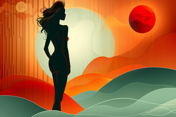 A woman is standing on a beach with a red moon in the background - 793073624