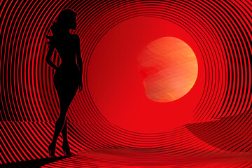 A woman is standing in a red tunnel with a large red moon in the background - 793073648