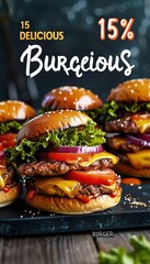 Delicious Burgers flyer with large text "15%". Fast food template background.