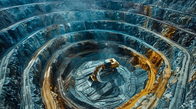 Massive mining operations in an open pit mine with machinery
