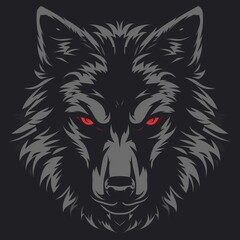 logo design of wolf head with red eyes, front view on dark background, simple and clean