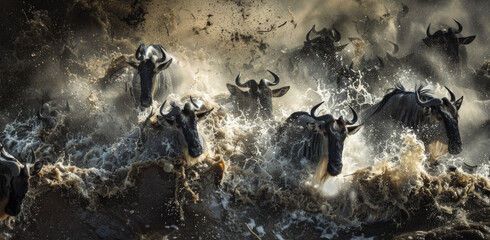 troupeau de gnous africains En train de traverser Une rivière en plein tumulte