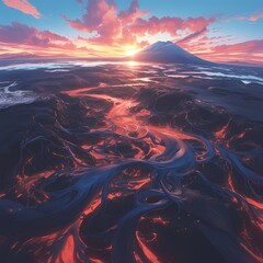 Majestic Scenic Sunrise in a Fjord with Braided Rivers Surrounding a Volcano - obrazy, fototapety, plakaty