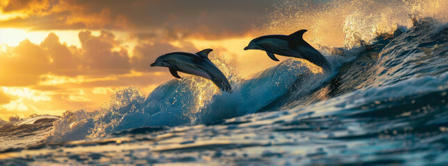 Couple de dauphins sautant dans les vagues de l'océan - obrazy, fototapety, plakaty