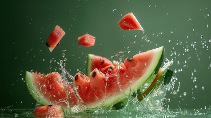 Water splashes on watermelon slices isolated on a green background