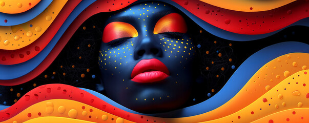 A woman's face is painted with bright colors - 793074047
