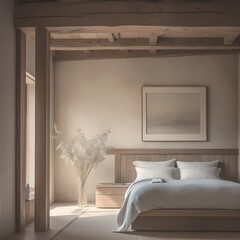 A serene and inviting minimalist bedroom scene with a luxurious large bed against rustic wooden beams.