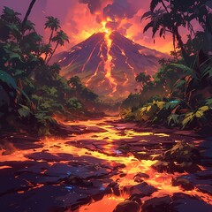 Spectacular Volcano Eruption with Glowing Red Rivers in the Heart of a Vibrant Jungle Environment - obrazy, fototapety, plakaty