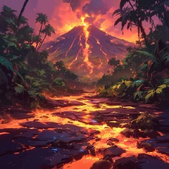 Fotobehang Spectacular Volcano Eruption with Glowing Red Rivers in the Heart of a Vibrant Jungle Environment © RobertGabriel