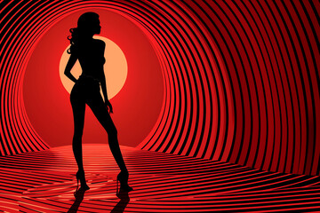 A woman is standing in a red tunnel with a red sun in the background - 793074081