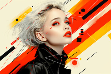A woman with red lipstick and a black jacket is the main subject of the image - 793074093