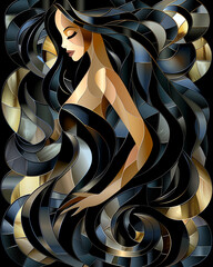 A woman with long black hair is depicted in a stained glass window - 793074291