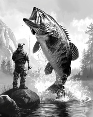 A man is fishing in a lake with a large fish jumping out of the water - 793074416