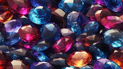 Realistic shiny gemstones, diamond crystals on an abstract background. Top and flat view. Vibrant colors.