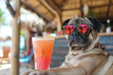 Cute funny pug dog in sunglasses sitting at beach bar drinking cocktail at summer party time