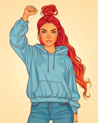 A girl with red hair is wearing a blue hoodie and holding her fist up in the air - 793074483