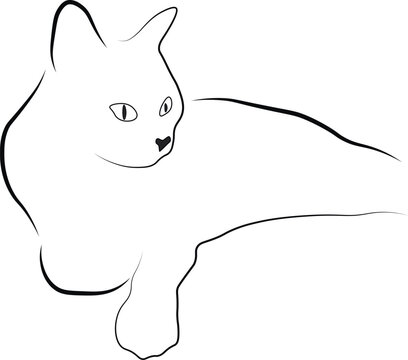 A simple line drawing. The cat lies on its side. The nose is like a heart.  vector design eps 10