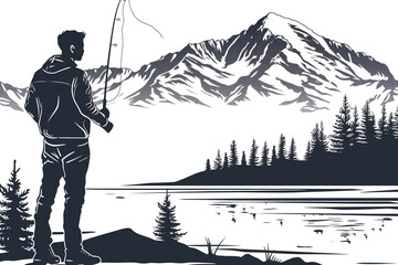 A man is fishing in a lake with a mountain in the background