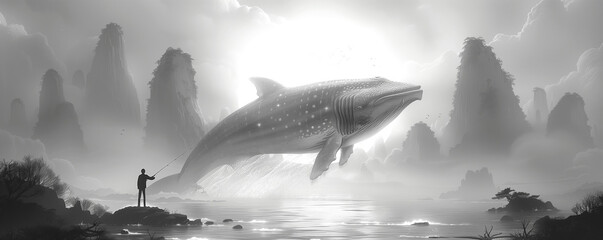 A man is fishing in a body of water with a large whale in the background