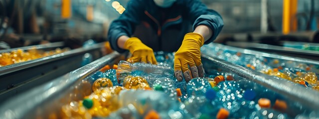 The hands of an employee wearing gloves, close-up view. The employee is separating recyclable waste on a conveyor at a recycling plant. Garbage sorting and recycling.