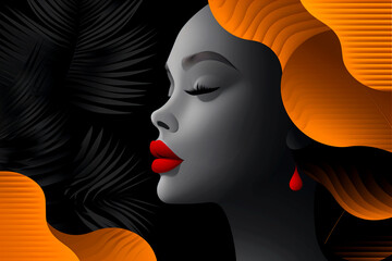 A woman with a red lipstick and orange hair is shown in a black - 793075205