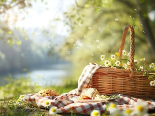 A delightful image capturing a picnic basket placed on a table against the backdrop of natural scenery. This scene exudes a sense of relaxation, summer ambiance