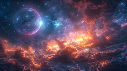 Obraz premium Dramatic Celestial Landscape with Fiery Nebulae and Glowing Planets